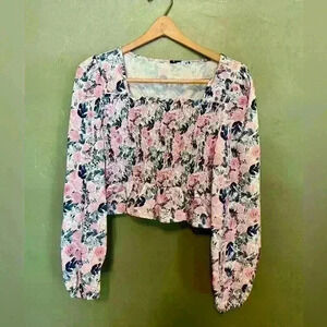 Floral Ruffle Stretchy Long Sleeve Crop Top, Size Large